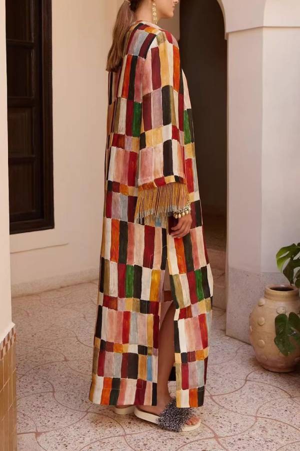 Color Block Geometric Print Long Dress with Tassel Cuffs