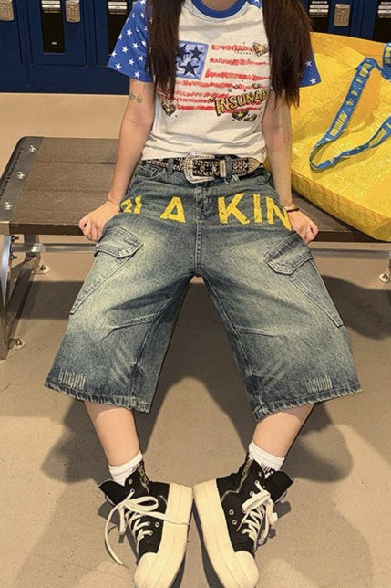 Double Waistband Letter Patch Curved Leg Jeans