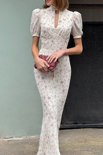 Cutout Stand Collar Puff Sleeve Floral Dress
