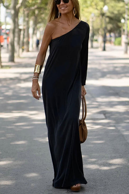 One Shoulder Long Bishop Sleeve Side Slit Flowy Maxi Dress