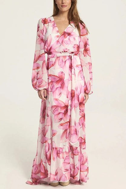 Island Girl Floral Print V-neck Long Sleeve Tie Slit Holiday Maxi Dress