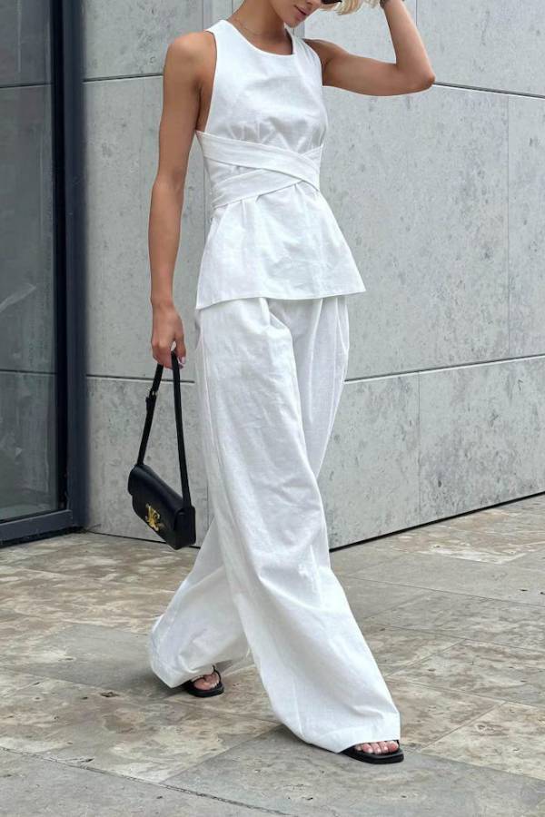 Cross-Band Sleeveless Waist Top & Wide Leg Pants Set