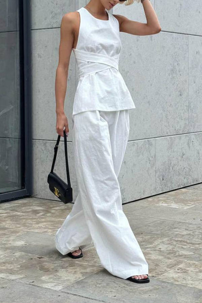 Cross-Band Sleeveless Waist Top & Wide Leg Pants Set
