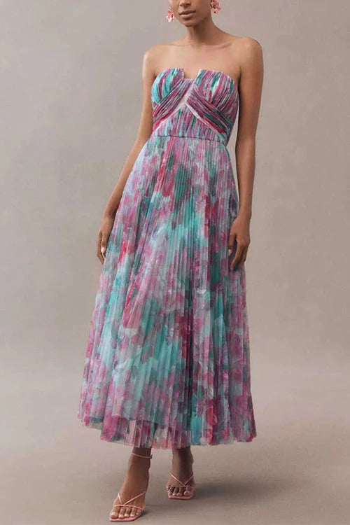 Strapless Floral Print Pleated Swing Maxi Dress