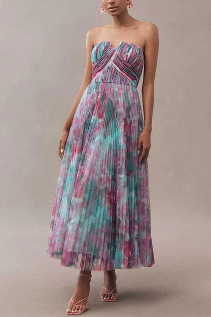 Strapless Floral Print Pleated Swing Maxi Dress