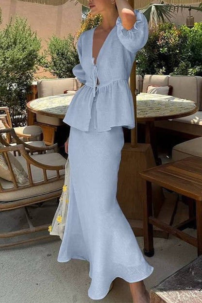 Linen Two-Piece Set with Tie-Front V-Neck Puff Sleeve Peplum Top & High-Waist Midi Skirt
