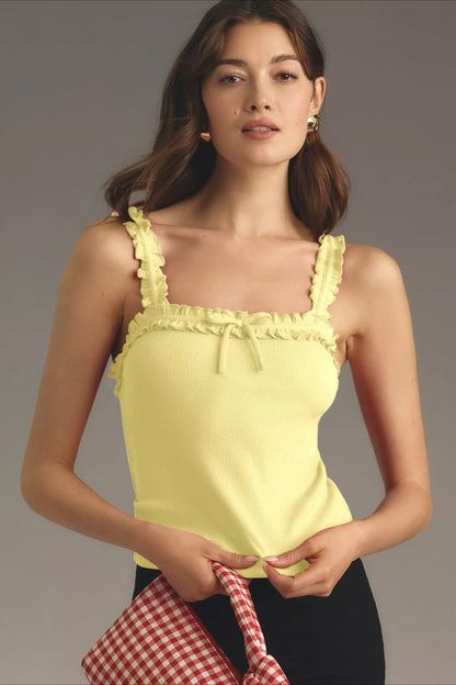 Ruffle Bow Spaghetti Strap Ribbed Tank Top
