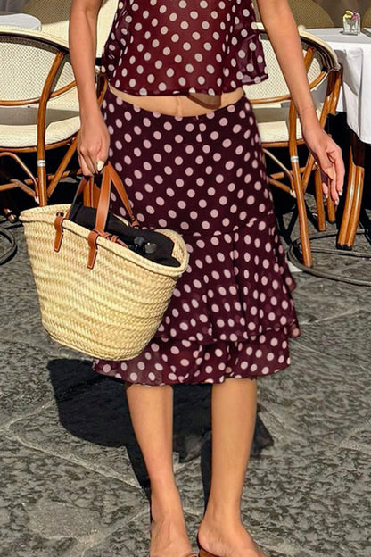 Polka Dot Knit Sheer Panel Midi Skirt