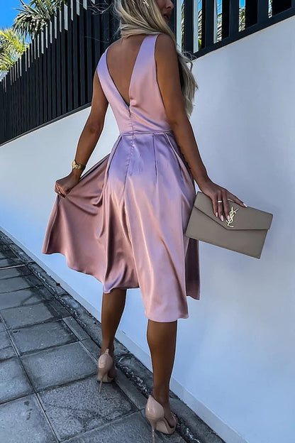Satin Wrap V-Neck Ruched Waist Fit and Flare Midi Dress