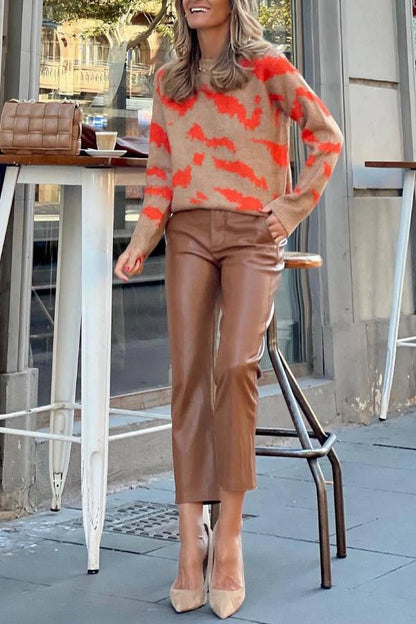 Camel and orange abstract jacquard sweater