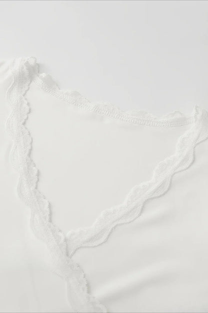 Lace Paneled V-Neck Tie-Waist Long-Sleeve Slim Knit Top
