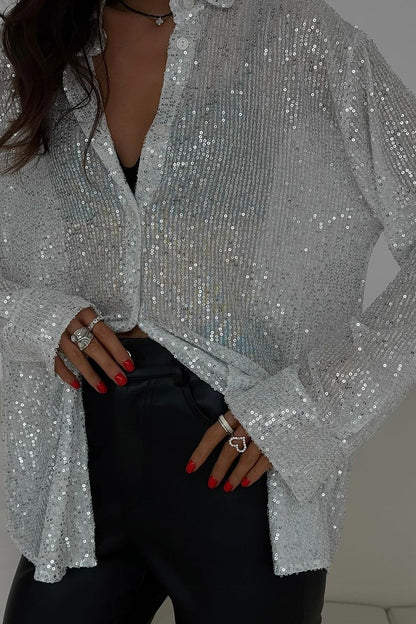 Sequin Collared Long Sleeve Glamorous Blouse