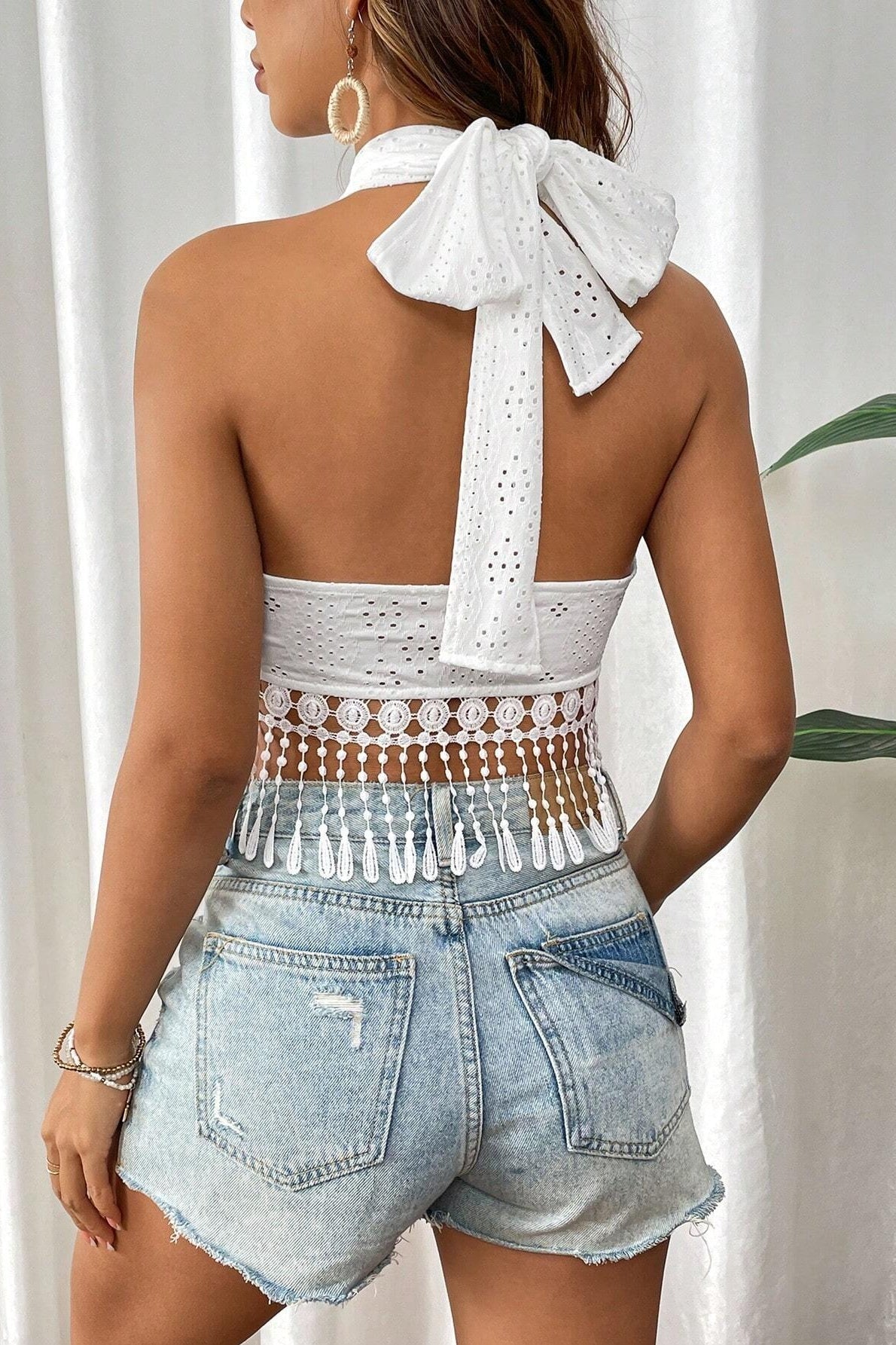 White Lace Strapless Fringe Halter Top