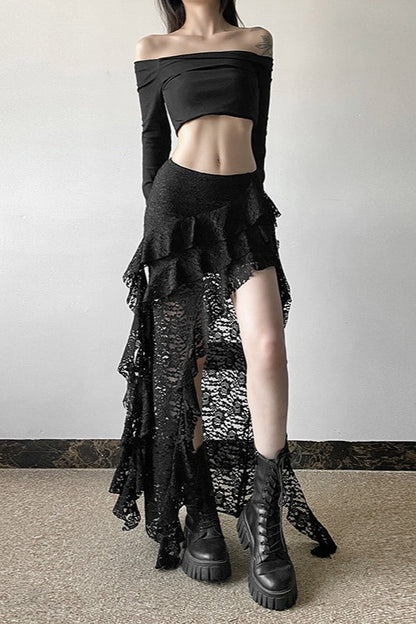 Lace Overlay Wave Detail Bodycon Skirt