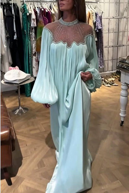 Eileen Georgette Sparkling Crystal Embroidery Detail Balloon Sleeve Kaftan Robe Maxi Dress