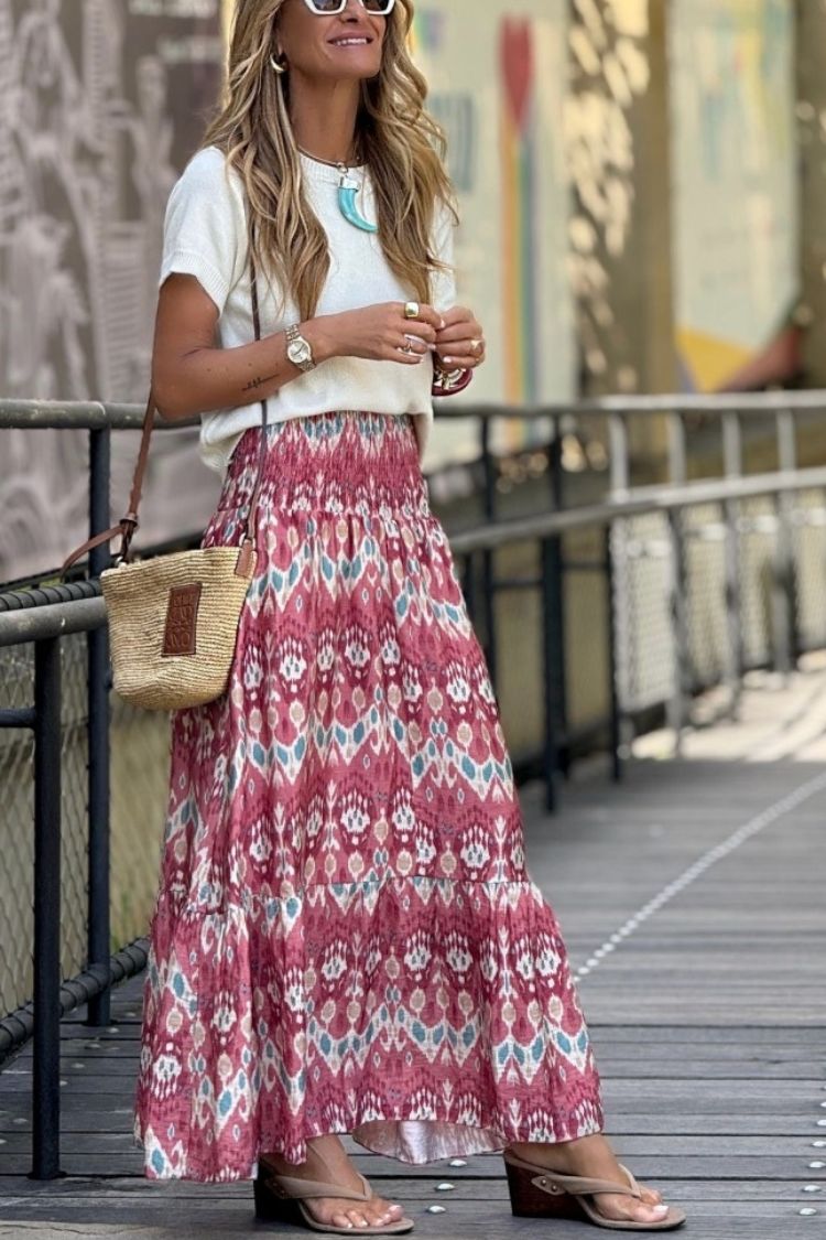 Resort Style Unique Print Pleated Elastic Waist Maxi Skirt