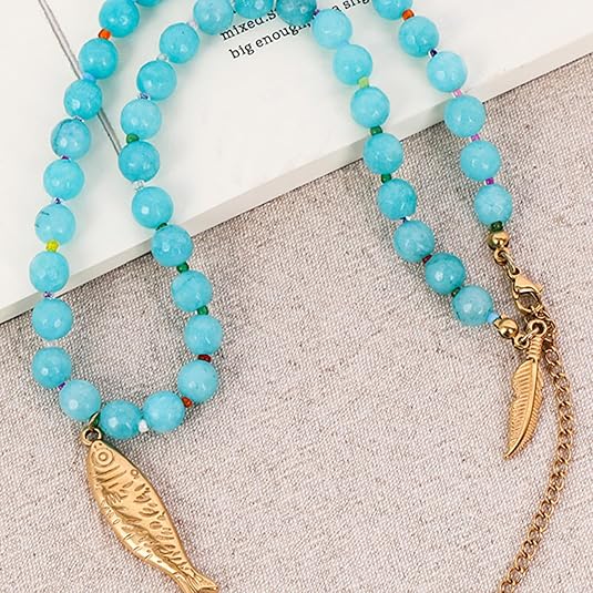 Blue Stone Fish Beaded Necklace