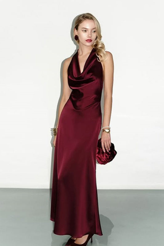 Red Satin Halter Cowl Neck Backless Bodycon Cocktail Dress