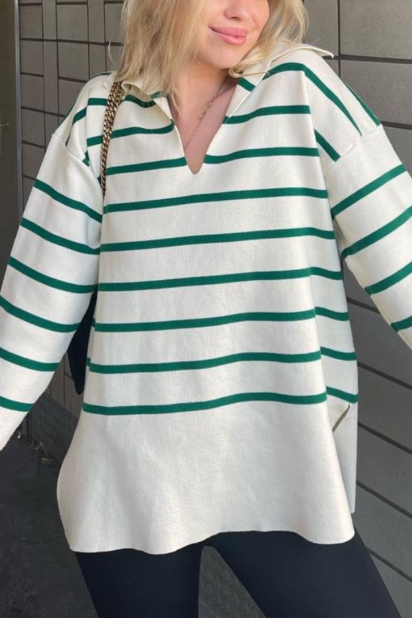Loose-fitting Striped Sweater with Lapel Collar