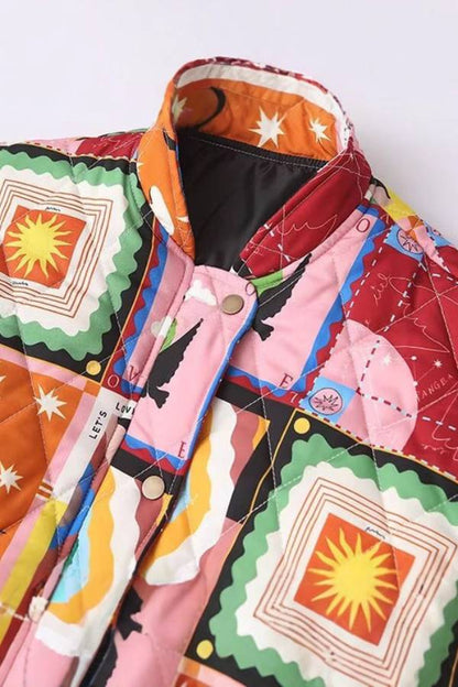 Art Printed Patchwork Quilted Bomber Padded Jacket