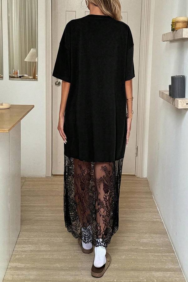 Lace Hem Patchwork Loose T-Shirt Dress