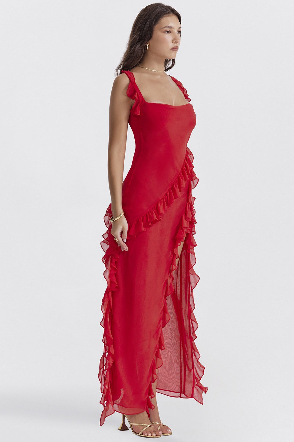 Square Neck Ruffle Slit Party Dress