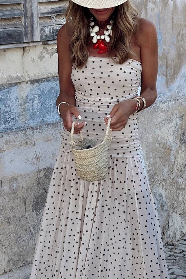 French Polka Dot Strapless Tulle Maxi Dress
