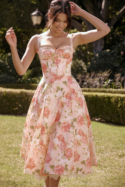 Elegant Strap Slim Midi Floral Dress