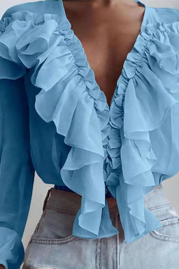Loose-fit V-neck pullover chiffon shirt with ruffles