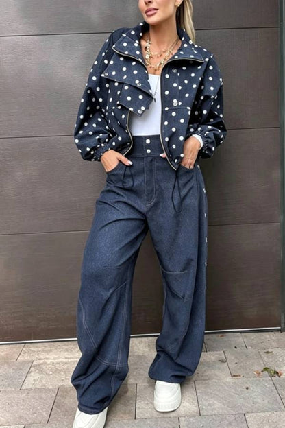 Kadence Denim Side Metal Hollow Ring Detail Pocket Lantern Pants
