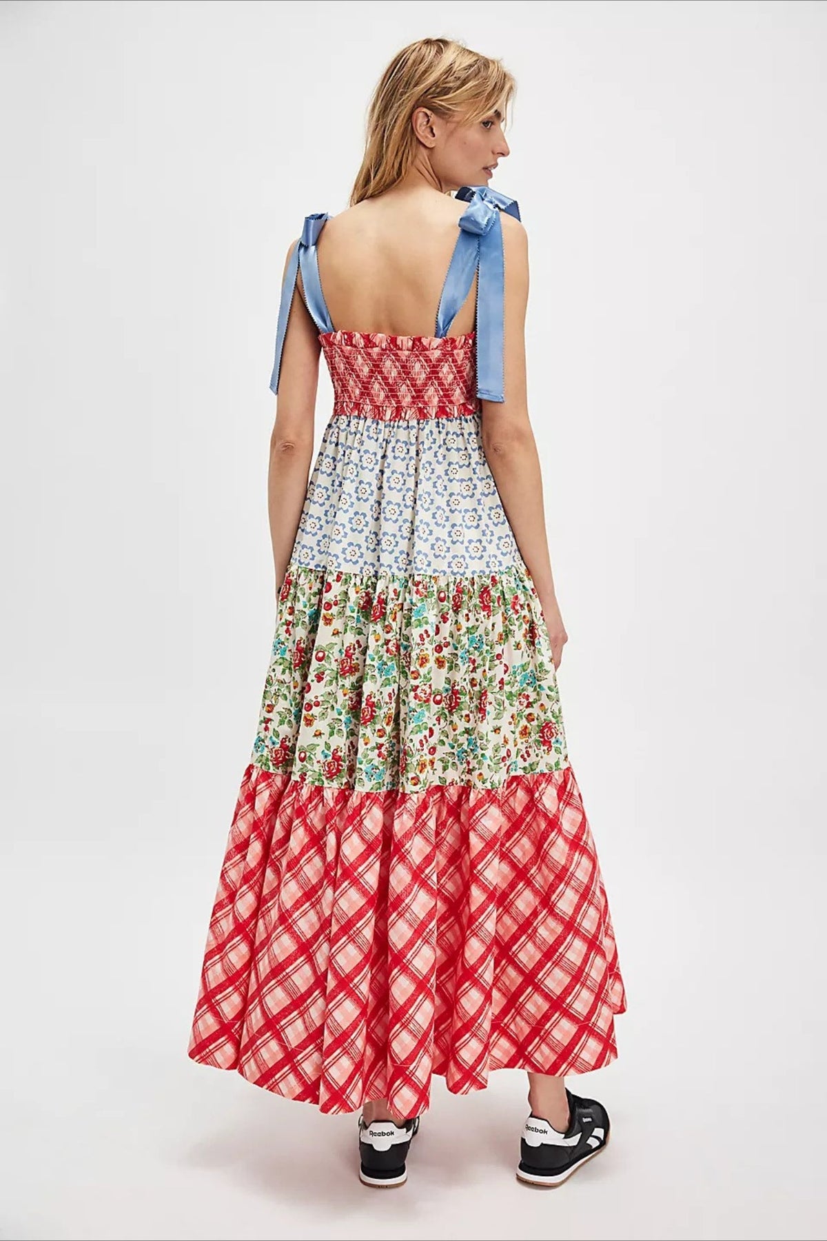 Gingham Patchwork Floral Print Boho Dress