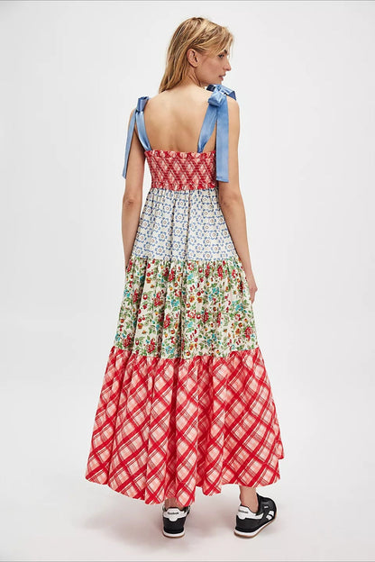 Gingham Patchwork Floral Print Boho Dress