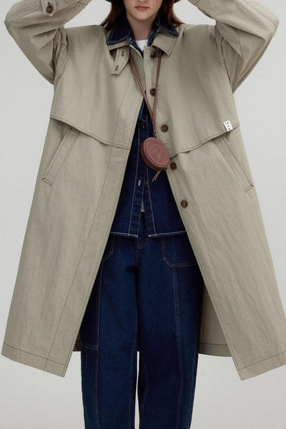 Vintage Stand Collar Wash Long Overcoat