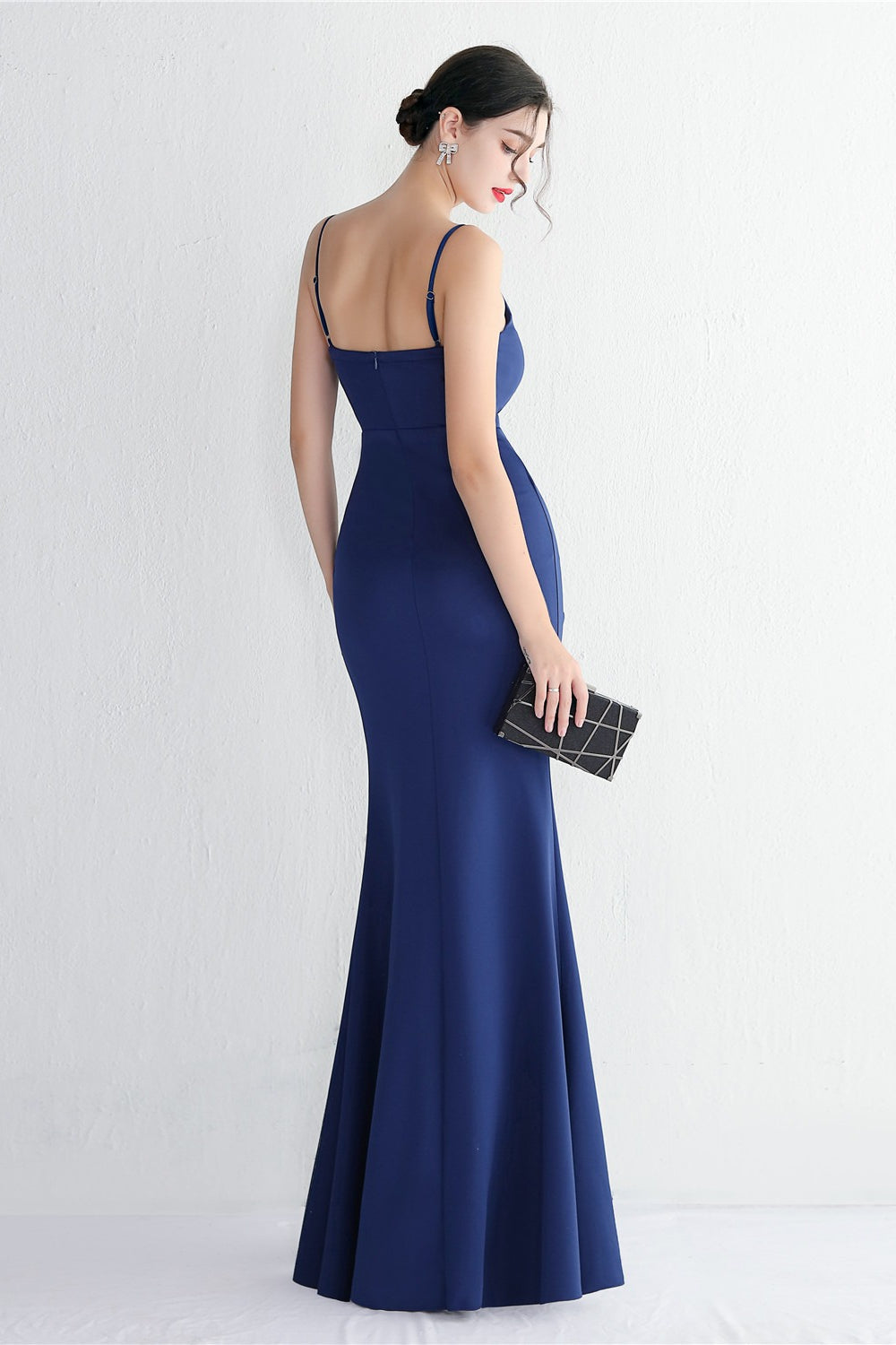 Long Satin Slit Halter Sheath Formal Dress