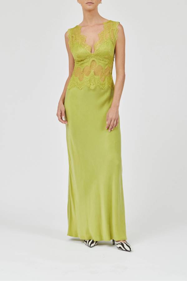 Effortless Elegance Satin Sheer Lace Patchwork V-neck Drape Maxi Dress