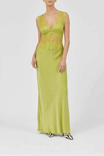 Effortless Elegance Satin Sheer Lace Patchwork V-neck Drape Maxi Dress