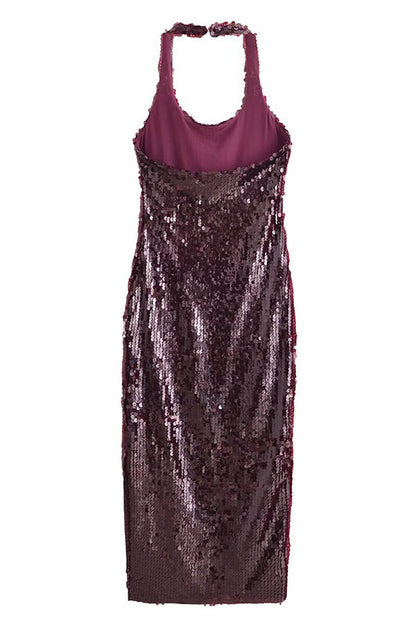 Disc Sequin Halter Backless Thigh Slit Bodycon Maxi Dress