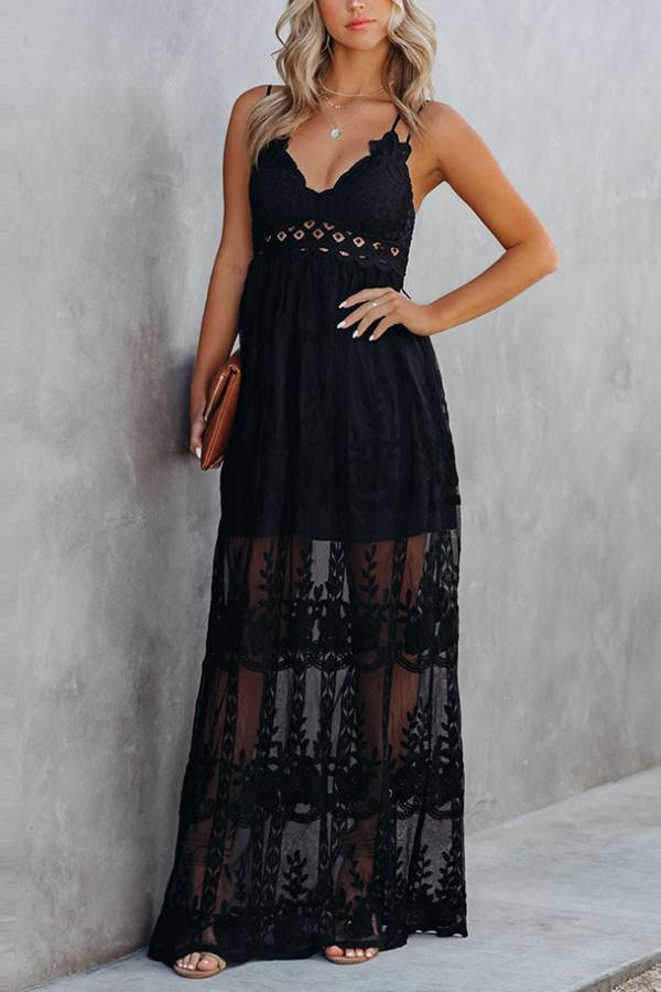 Spaghetti Strap Lace Embroidered Sheer Maxi Dress