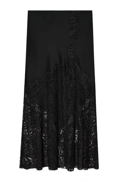 Solid Color Silk Satin and Lace Spliced elegant Maxi Skirt
