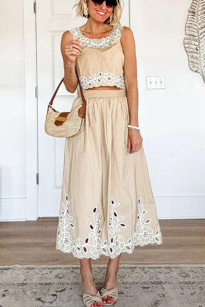 Vacation Season Floral Eyelet Poplin Tank and High Rise Elastic Waist Midi Skirt