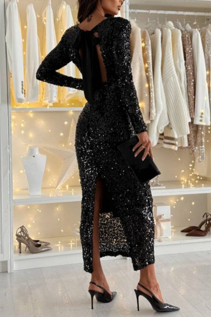 Sequined backless bodycon dress with tie-up straps.