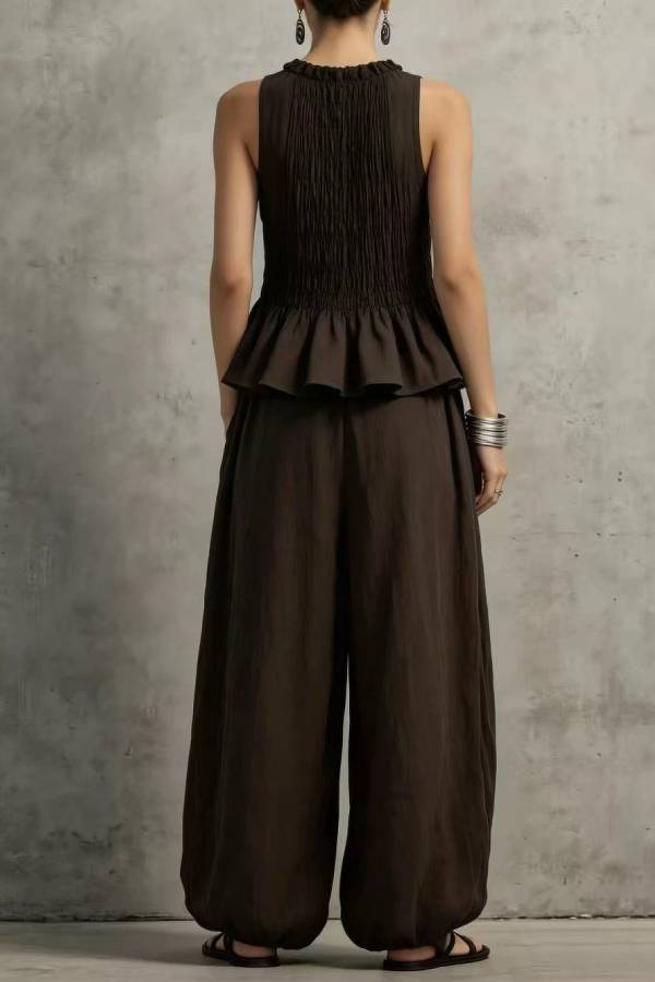 Dark Brown Smocked Peplum Top + Balloon Wide-Leg Pants Set