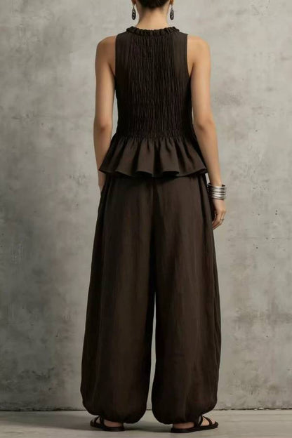 Dark Brown Smocked Peplum Top + Balloon Wide-Leg Pants Set