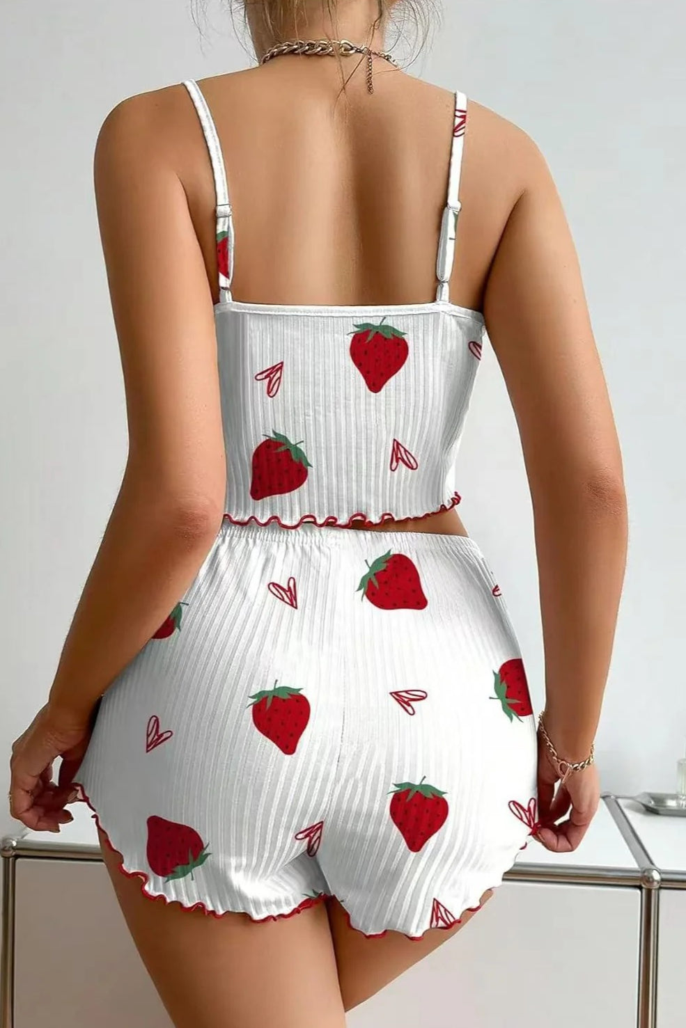 Heart Pattern Ribbed Cami Top Pajama Shorts Set