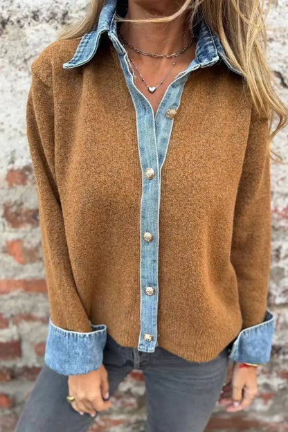 Contrast Denim Trimmed Sweater Cardigan