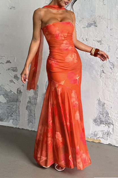 Sexy Strapless Mesh Tie Detail Maxi Floral Dress