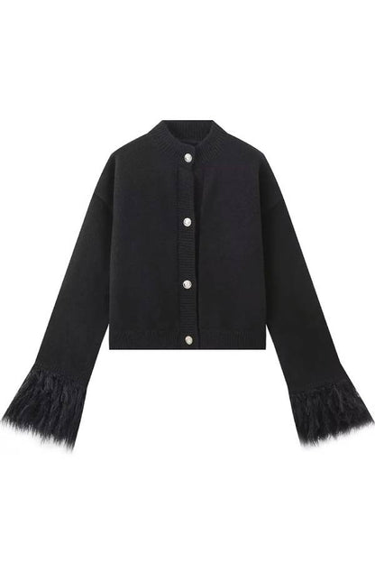 Cropped knitted cardigan with feather cuffs