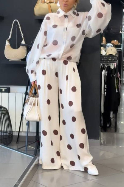 Coffee Polka Dot Satin Sheer Shirt & Wide Leg Pants Two-Piece Set