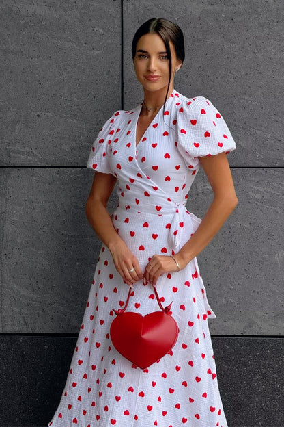 Puff Sleeve Heart Print Wrap Tie Waist Thigh Slit Midi Dress