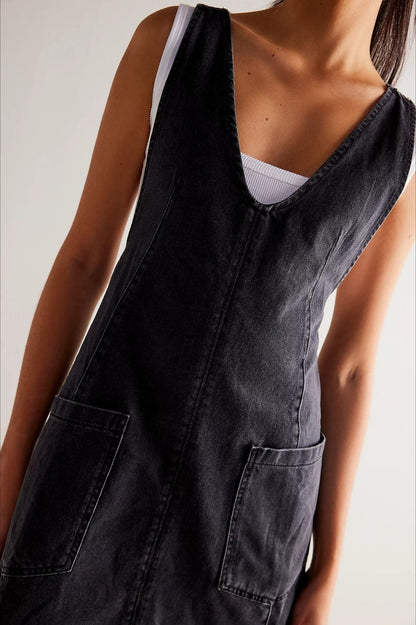 Denim Deep V-Neck Wide Strap Front Pocket Pinafore Mini Dress